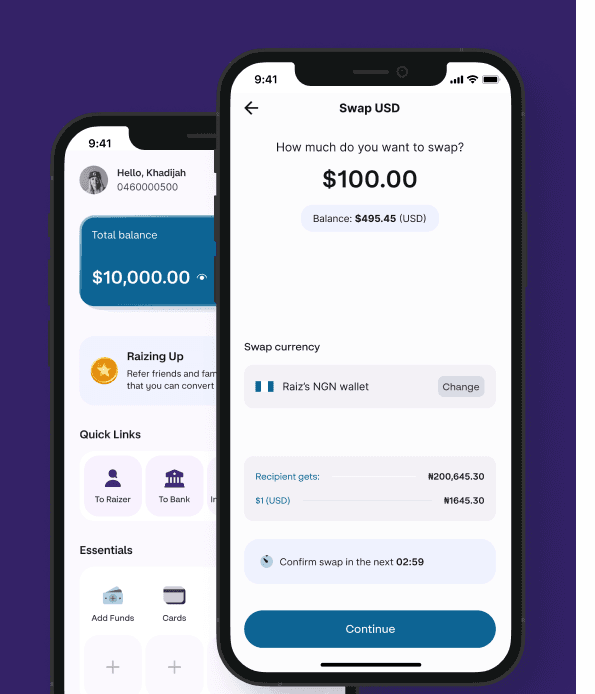Raiz App screens showing send money and transaction details
