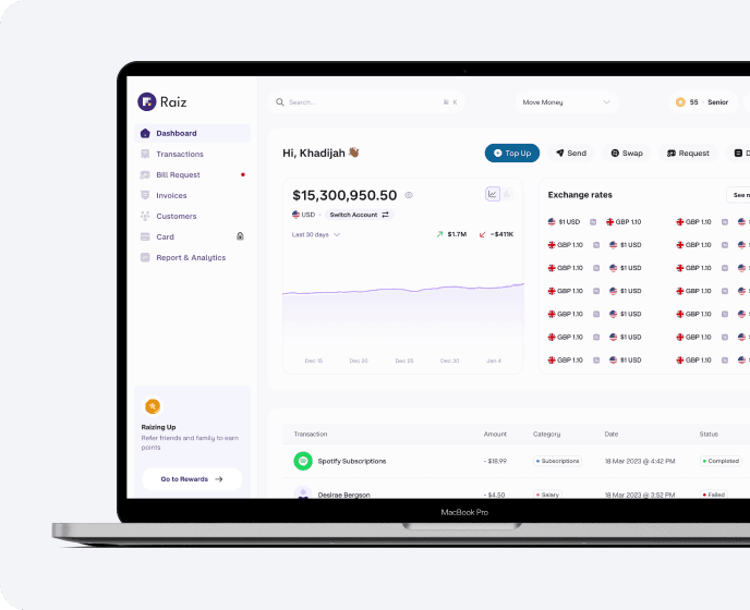 Raiz Business dashboard showing multi-currency accounts, FX conversion, and batch payouts