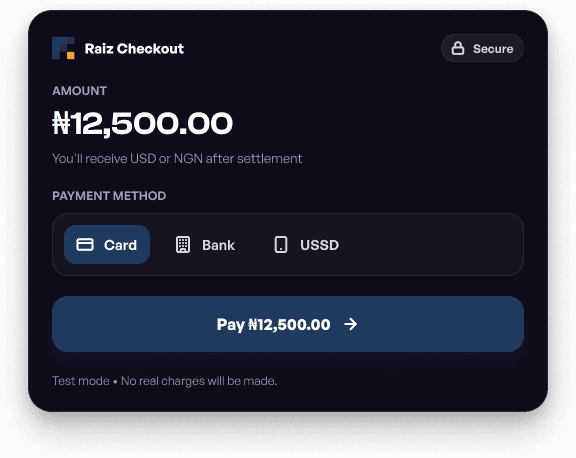 Raiz Checkout payment interface showing Card, Bank, and USSD options