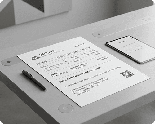 Formal Chinese supplier invoice with ICBC bank wire transfer instructions on a desk