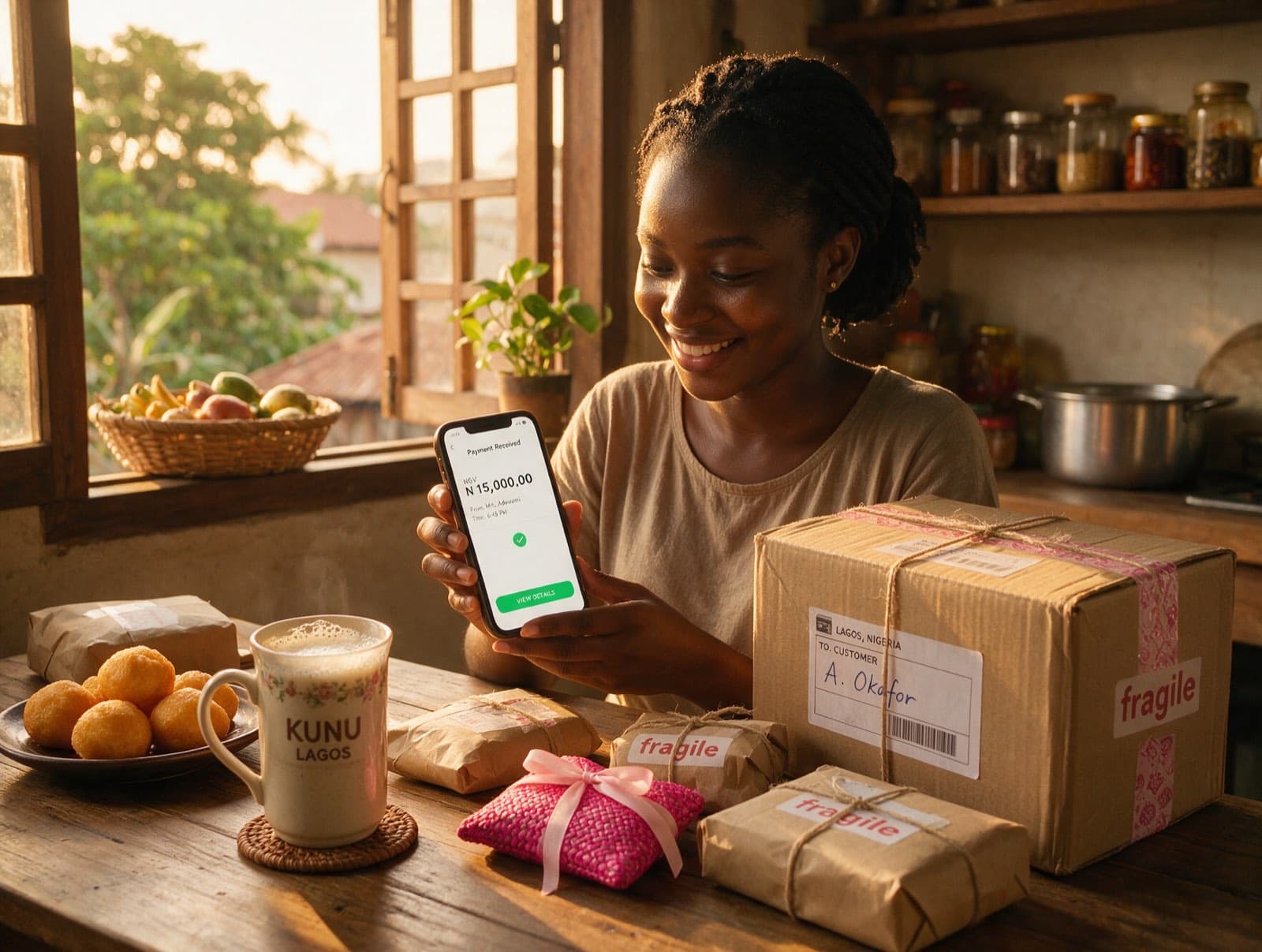A platform seller checking an order on her phone beside parcels ready to ship